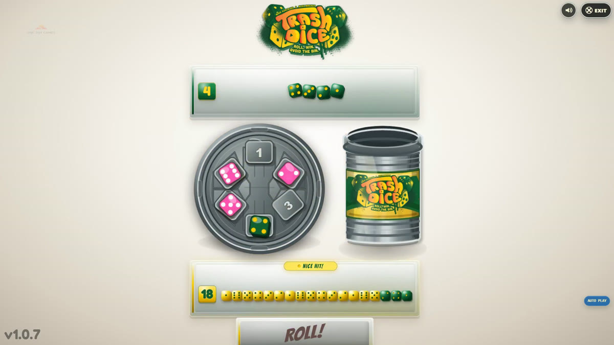 Trash Dice digital companion gameplay: dice tray, branded trash can, and an unlocked pink dice skin