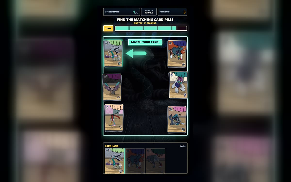 What's Under Your Bed? digital companion gameplay: matching monster cards against the clock