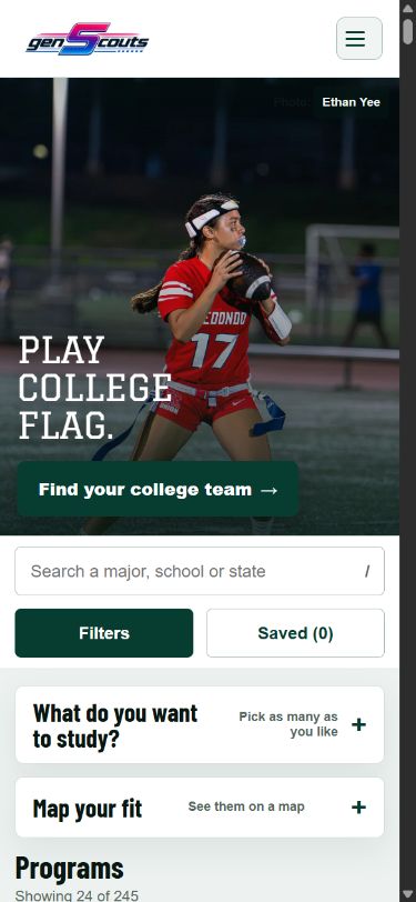 Screenshot of the live genScouts College Finder, with the current flag football photo, academic search, filters, and map controls.